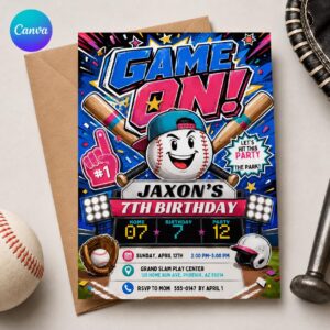 Baseball Birthday Invitation, Game On 7th Birthday Sports Party for Boys, Printable Editable Canva Template