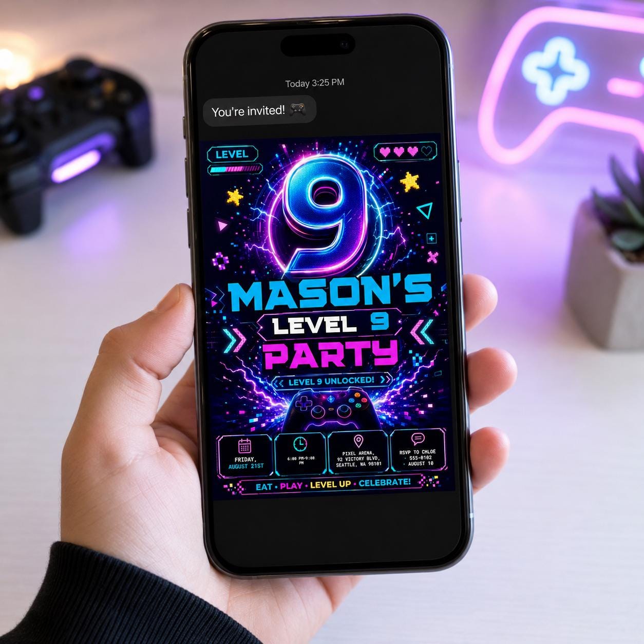 Video Game 9th Birthday Invitation, Level 9 Unlocked Neon Gamer Controller Party, Editable Printable Canva Template - Image 5