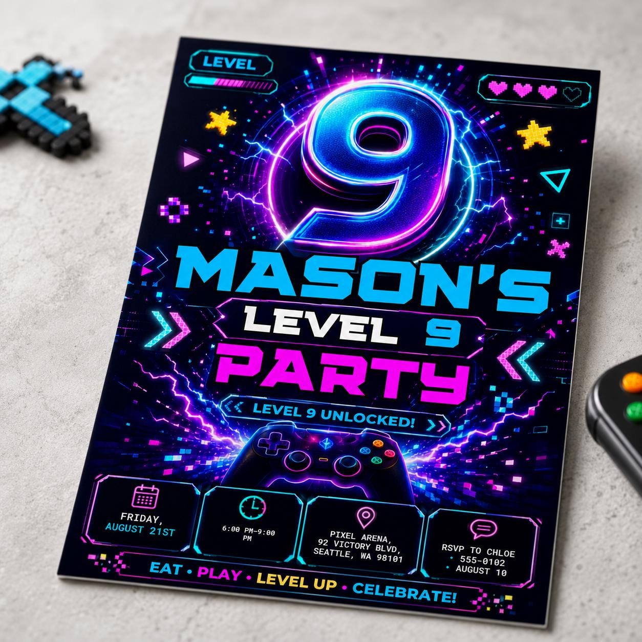 Video Game 9th Birthday Invitation, Level 9 Unlocked Neon Gamer Controller Party, Editable Printable Canva Template - Image 6