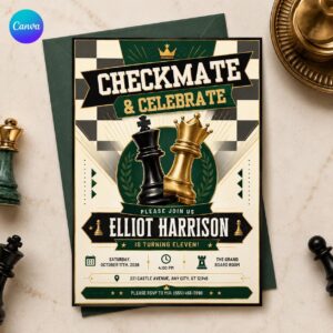 Chess 11th Birthday Invitation, Checkmate Game Night Party for Boys or Girls, Editable Printable Canva Template