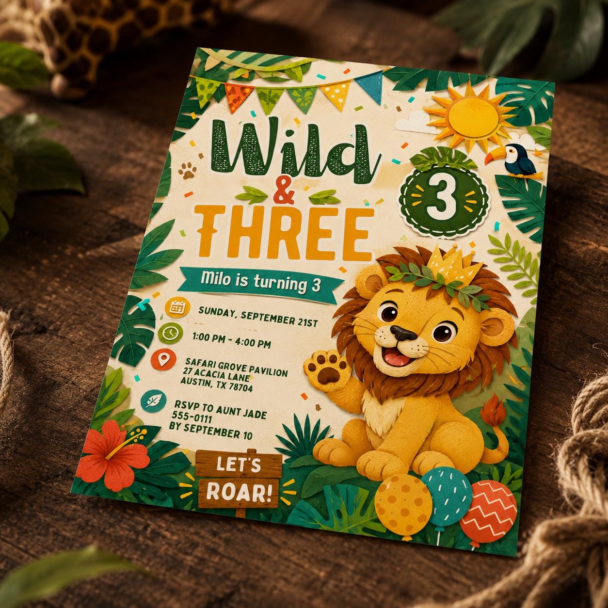 Wild and Three 3rd Birthday Invitation, Lion Safari Jungle Party for Boys, Editable Printable Canva Template - Image 4