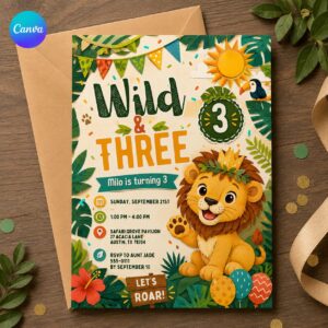 Wild and Three 3rd Birthday Invitation, Lion Safari Jungle Party for Boys, Editable Printable Canva Template
