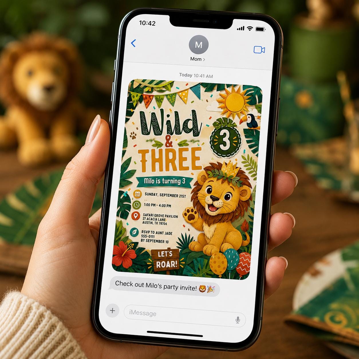 Wild and Three 3rd Birthday Invitation, Lion Safari Jungle Party for Boys, Editable Printable Canva Template - Image 5