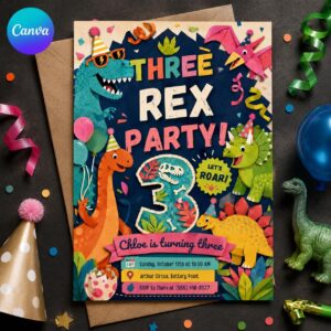 Dinosaur 3rd Birthday Invitation, Three Rex Party Invite, Colorful Paper Cut Dino Celebration, Editable Printable Canva Template