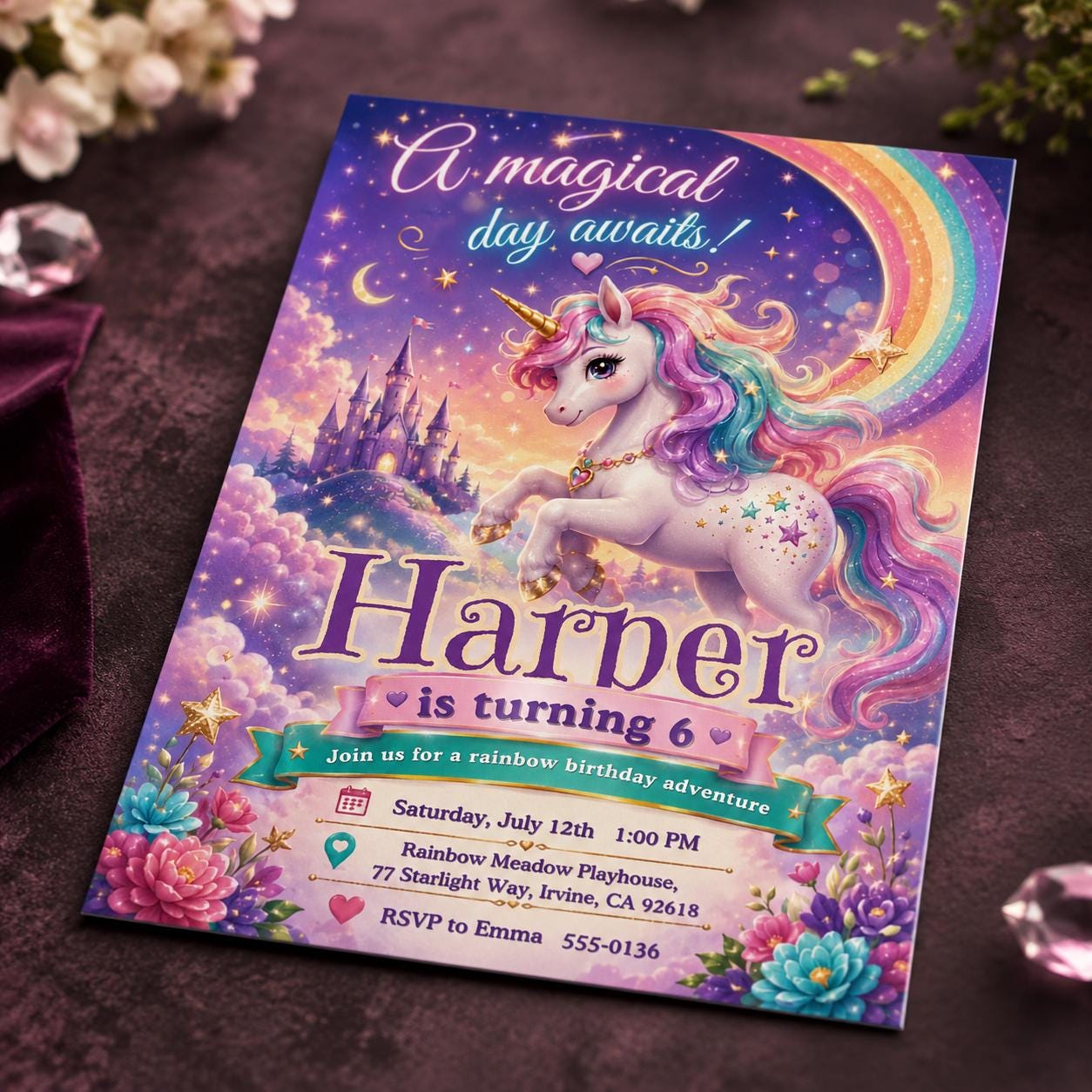 Unicorn Birthday Invitation Girl, Rainbow Magical 6th Birthday Party, Fantasy Castle Editable Printable Canva Template - Image 3