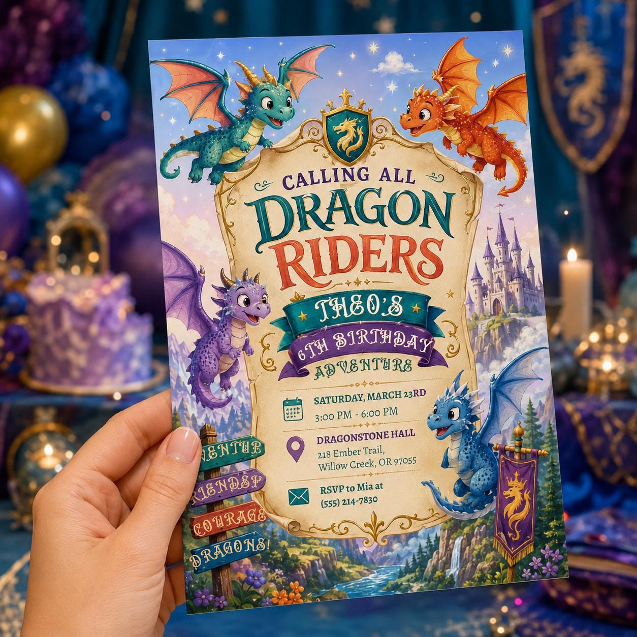 Dragon 6th Birthday Invitation, Calling All Dragon Riders Fantasy Castle Party, Editable Printable Canva Template - Image 4