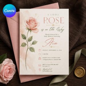 Rose Baby Shower Invitation, A Little Rose Blush Floral Girl Shower, Elegant Editable Printable Canva Template