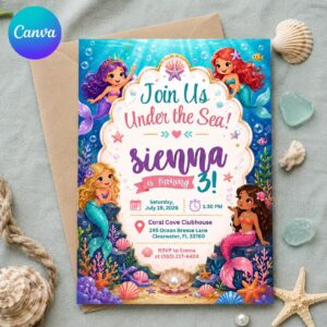 Mermaid 3rd Birthday Invitation, Under the Sea Fantasy Party for Girls, Editable Printable Canva Template