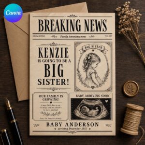Big Sister Pregnancy Announcement, Vintage Newspaper Baby Reveal with Ultrasound Photo, Editable Printable Canva Template