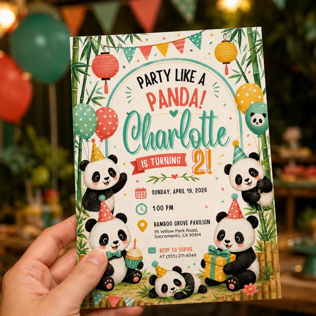 Panda 2nd Birthday Invitation, Party Like a Panda Bear Kids Party, Editable Printable Canva Template - Image 6