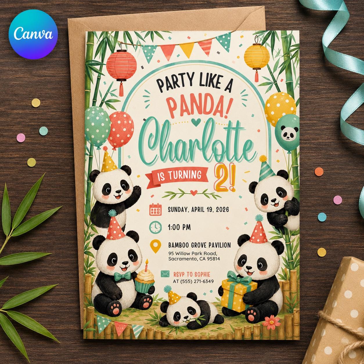 Panda 2nd Birthday Invitation, Party Like a Panda Bear Kids Party, Editable Printable Canva Template