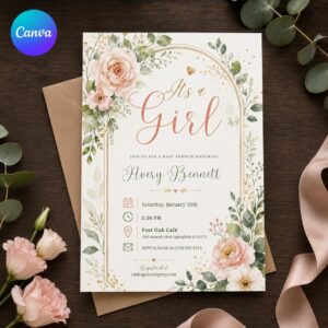 Baby Girl Shower Invitation, It's a Girl Blush Pink Floral Greenery Invite, Elegant Editable Printable Canva Template