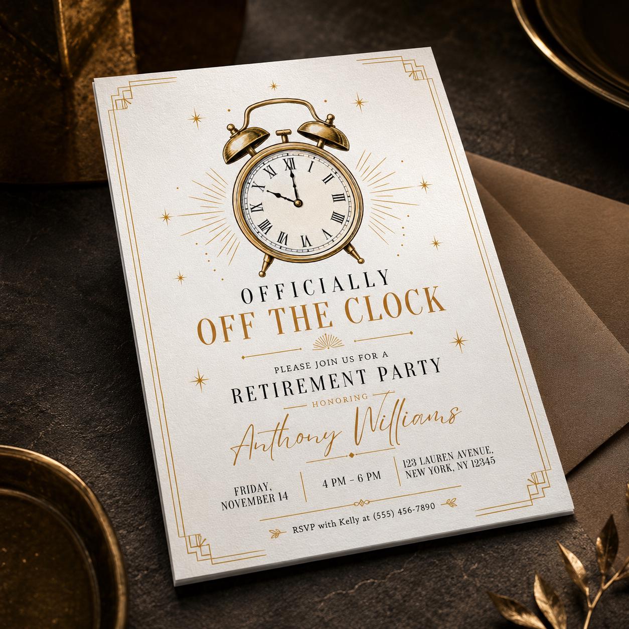 Retirement Party Invitation, Officially Off the Clock Gold Vintage Alarm Clock, Elegant Editable Printable Canva Template - Image 3