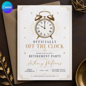 Retirement Party Invitation, Officially Off the Clock Gold Vintage Alarm Clock, Elegant Editable Printable Canva Template