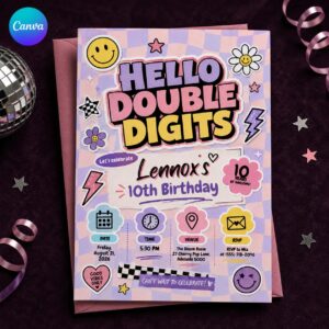 Hello Double Digits 10th Birthday Invitation, Preppy Pink Checkerboard Smiley Tween Party, Editable Printable Canva Template