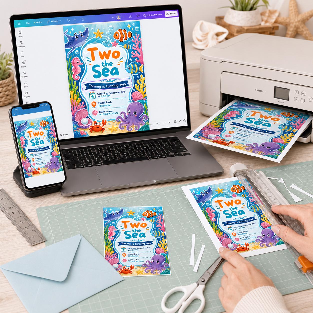Two the Sea 2nd Birthday Invitation, Under the Sea Ocean Animals Party, Editable Printable Canva Template - Image 5