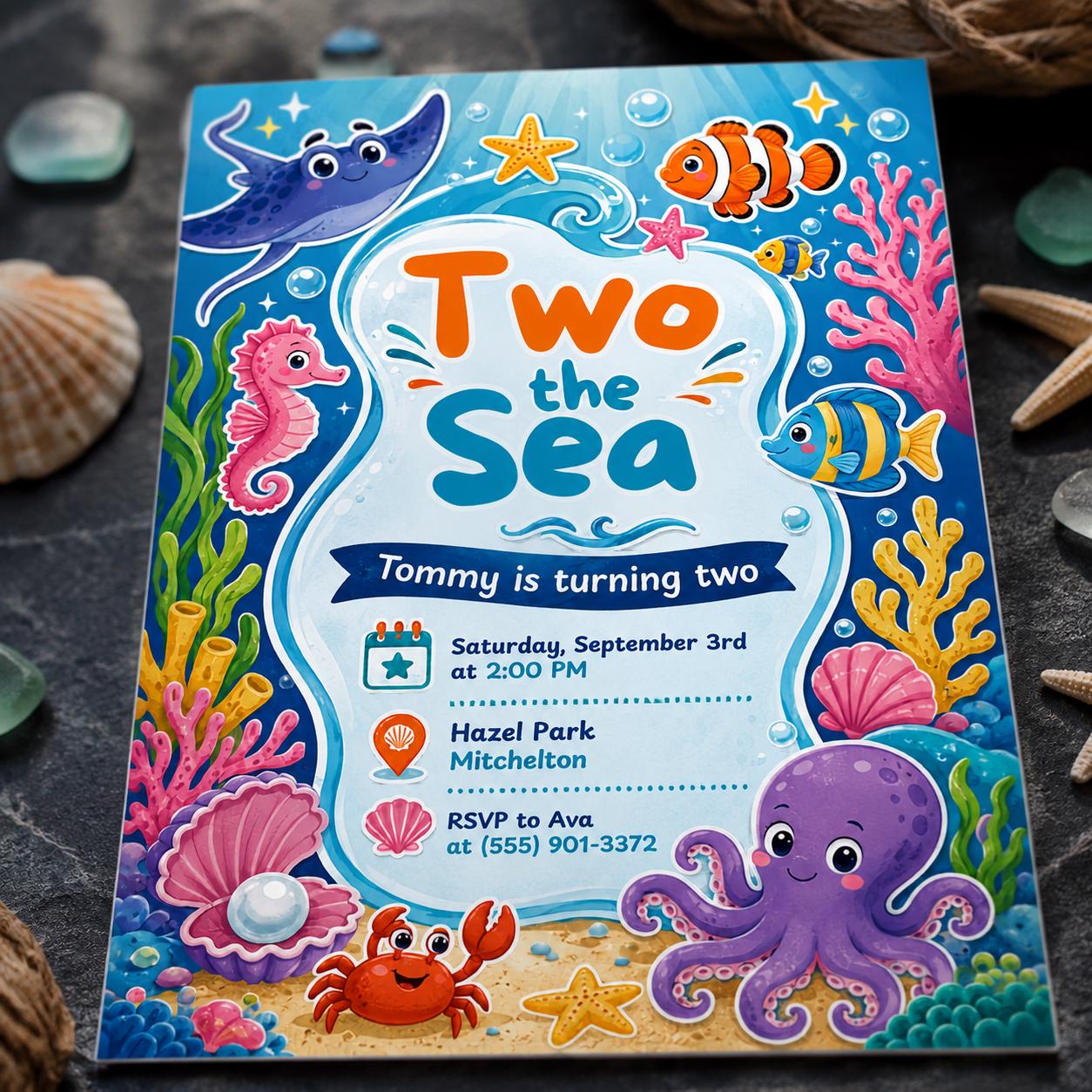 Two the Sea 2nd Birthday Invitation, Under the Sea Ocean Animals Party, Editable Printable Canva Template - Image 6