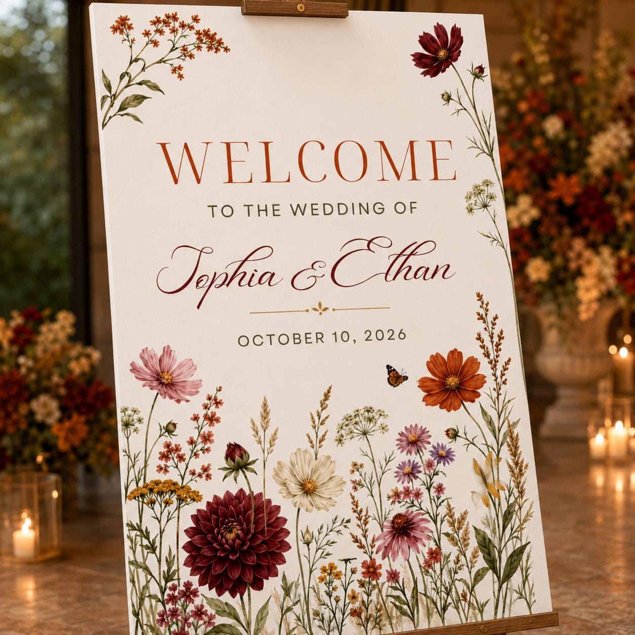 Fall Wedding Welcome Sign, Burgundy Rust Wildflower Floral Entrance Poster, Editable Printable Wedding Sign, Canva Template - Image 4
