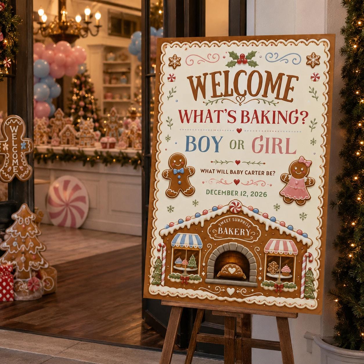 Gender Reveal Welcome Sign, What's Baking Gingerbread Boy or Girl Holiday Poster, Editable Printable, Canva Template - Image 4