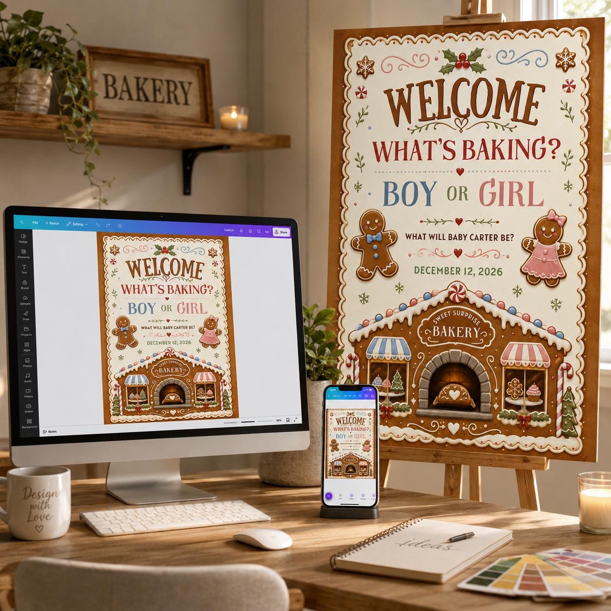 Gender Reveal Welcome Sign, What's Baking Gingerbread Boy or Girl Holiday Poster, Editable Printable, Canva Template - Image 3