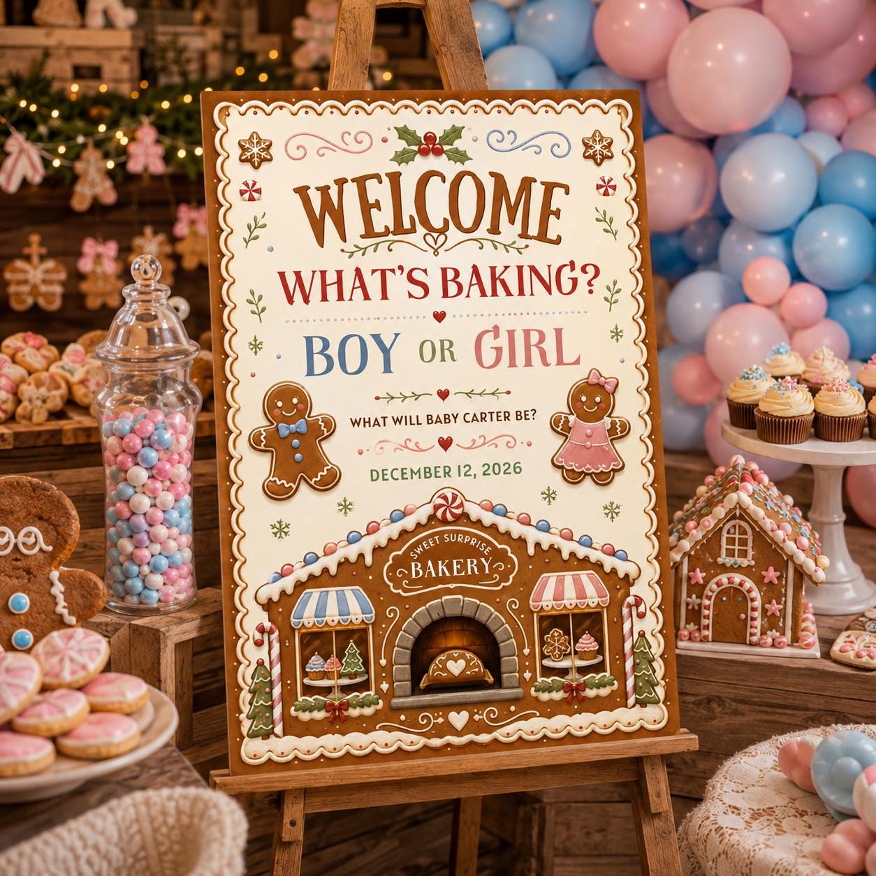 Gender Reveal Welcome Sign, What's Baking Gingerbread Boy or Girl Holiday Poster, Editable Printable, Canva Template - Image 6