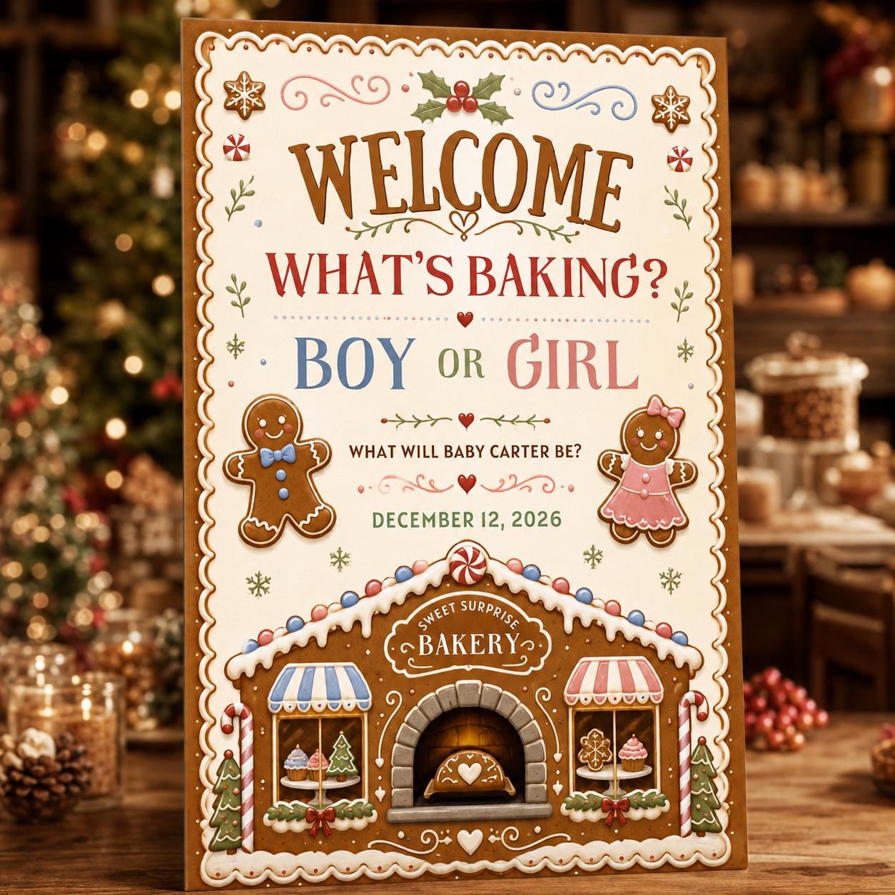 Gender Reveal Welcome Sign, What's Baking Gingerbread Boy or Girl Holiday Poster, Editable Printable, Canva Template - Image 5