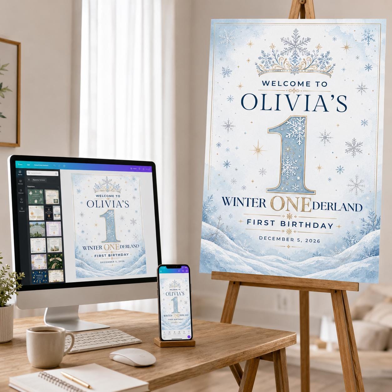 First Birthday Welcome Sign, Winter ONEderland Snowflake Party Poster, Editable Printable, Canva Template - Image 5