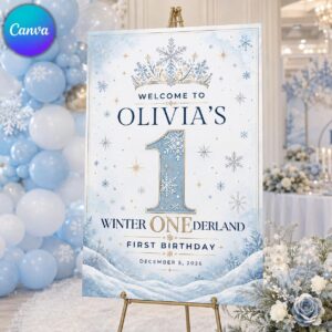 First Birthday Welcome Sign, Winter ONEderland Snowflake Party Poster, Editable Printable, Canva Template