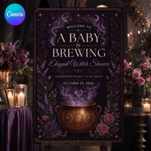 Baby Shower Welcome Sign, A Baby Is Brewing Elegant Witch Shower Purple Celestial Poster, Editable Printable, Canva Template