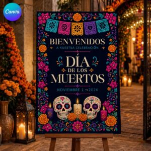 Dia de los Muertos Welcome Sign, Colorful Sugar Skull Papel Picado Celebration Poster, Editable Printable, Canva Template