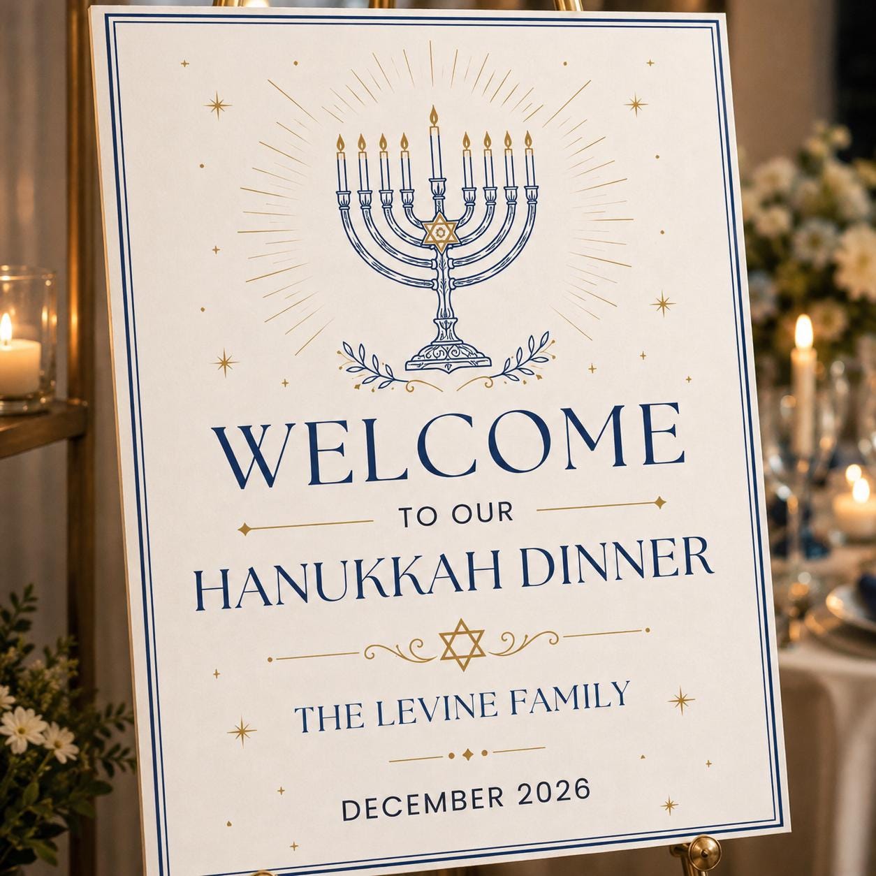 Hanukkah Dinner Welcome Sign, Blue Gold Menorah Jewish Holiday Party Poster, Editable Printable Event Sign, Canva Template - Image 3