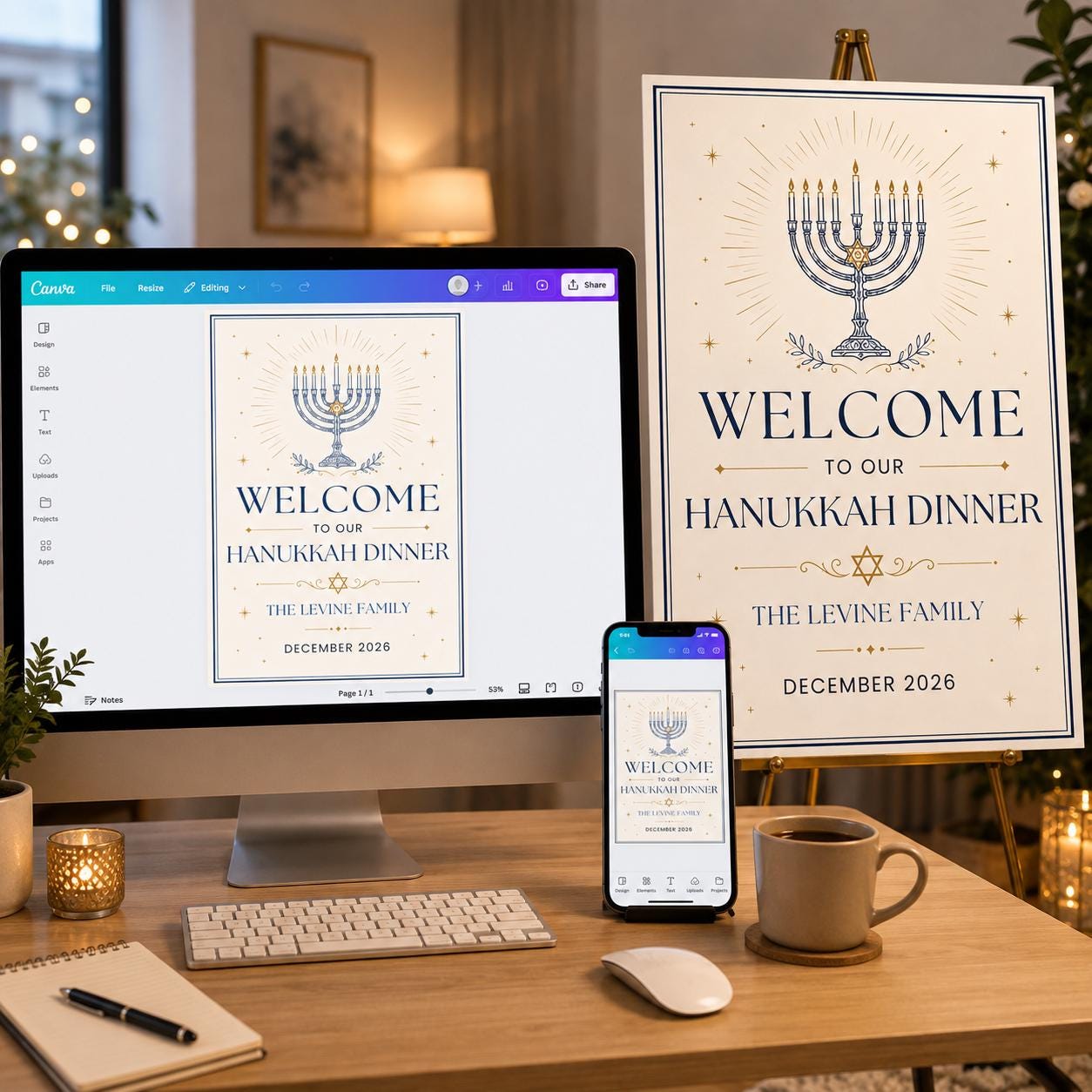 Hanukkah Dinner Welcome Sign, Blue Gold Menorah Jewish Holiday Party Poster, Editable Printable Event Sign, Canva Template - Image 5