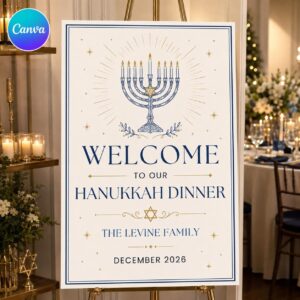 Hanukkah Dinner Welcome Sign, Blue Gold Menorah Jewish Holiday Party Poster, Editable Printable Event Sign, Canva Template