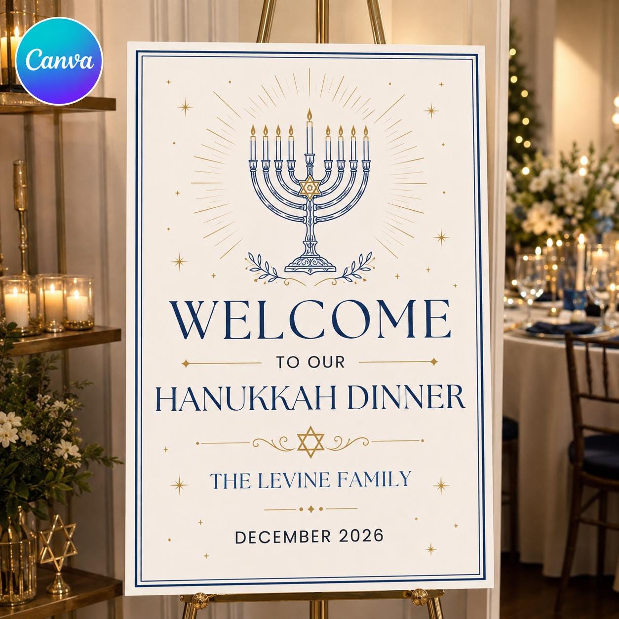 Hanukkah Dinner Welcome Sign, Blue Gold Menorah Jewish Holiday Party Poster, Editable Printable Event Sign, Canva Template