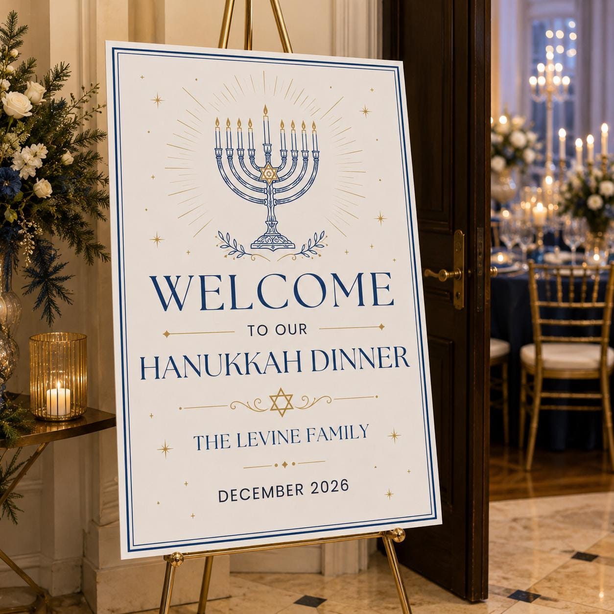 Hanukkah Dinner Welcome Sign, Blue Gold Menorah Jewish Holiday Party Poster, Editable Printable Event Sign, Canva Template - Image 6