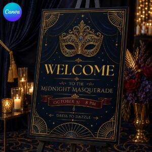 Masquerade Party Welcome Sign, Midnight Masquerade Halloween Navy Gold Event Poster, Editable Printable, Canva Template