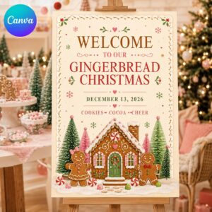 Christmas Party Welcome Sign, Gingerbread House Cookie Holiday Poster, Editable Printable Christmas Sign, Canva Template