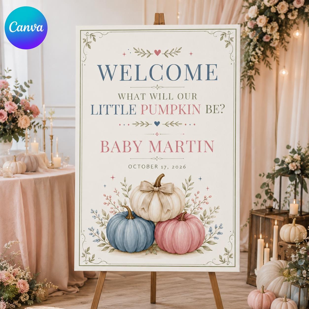 Gender Reveal Welcome Sign, Little Pumpkin Pink Blue Fall Party Poster, Editable Printable Entrance Sign, Canva Template