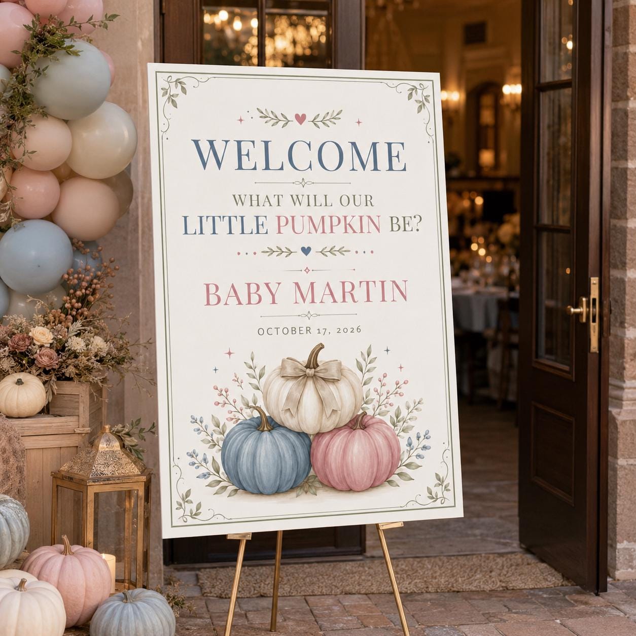 Gender Reveal Welcome Sign, Little Pumpkin Pink Blue Fall Party Poster, Editable Printable Entrance Sign, Canva Template - Image 3