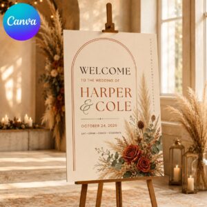 Fall Wedding Welcome Sign, Terracotta Boho Pampas Grass Entrance Poster, Rustic Autumn Wedding Decor, Editable Printable Canva Template