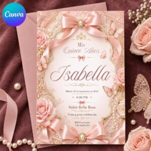 Quinceanera Invitation in Spanish, Blush Pink Bow Butterfly Mis Quince Anos, Editable Printable Canva Template