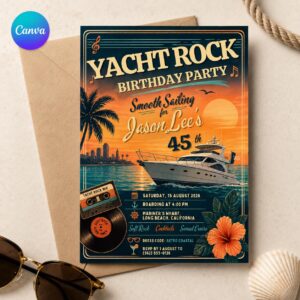 Yacht Rock 45th Birthday Invitation, Retro Sunset Boat Cruise Party for Him, Editable Printable Canva Template