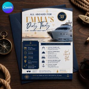 Dirty Thirty Yacht Party Invitation, Navy Gold 30th Birthday Cruise Itinerary for Her, Editable Printable Canva Template