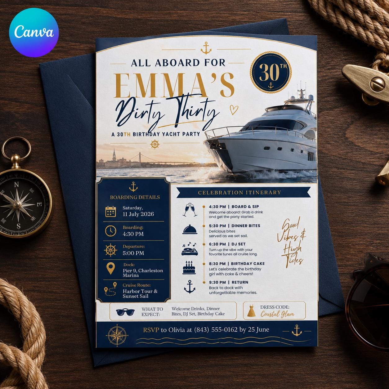 Dirty Thirty Yacht Party Invitation, Navy Gold 30th Birthday Cruise Itinerary for Her, Editable Printable Canva Template