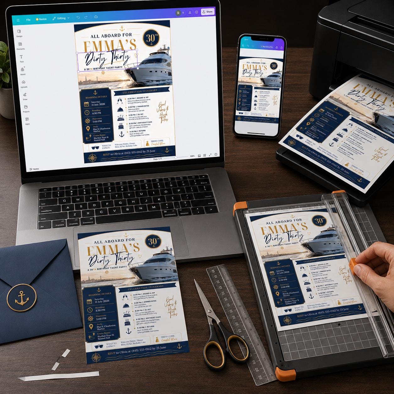 Dirty Thirty Yacht Party Invitation, Navy Gold 30th Birthday Cruise Itinerary for Her, Editable Printable Canva Template - Image 5