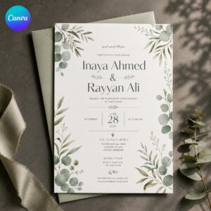Nikah Invitation Template, Sage Green Eucalyptus Botanical Muslim Wedding, Editable Printable Canva Template