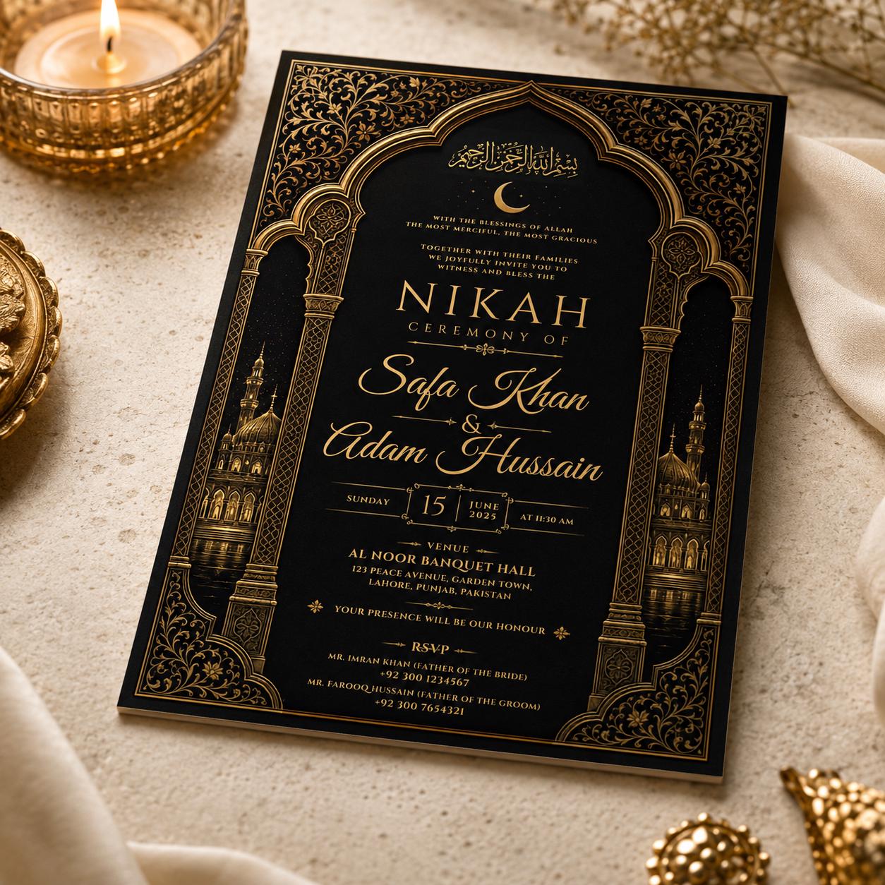 Nikah Invitation Template, Black Gold Islamic Wedding Card, Luxury Arabic Arch Editable Printable Canva Template - Image 3