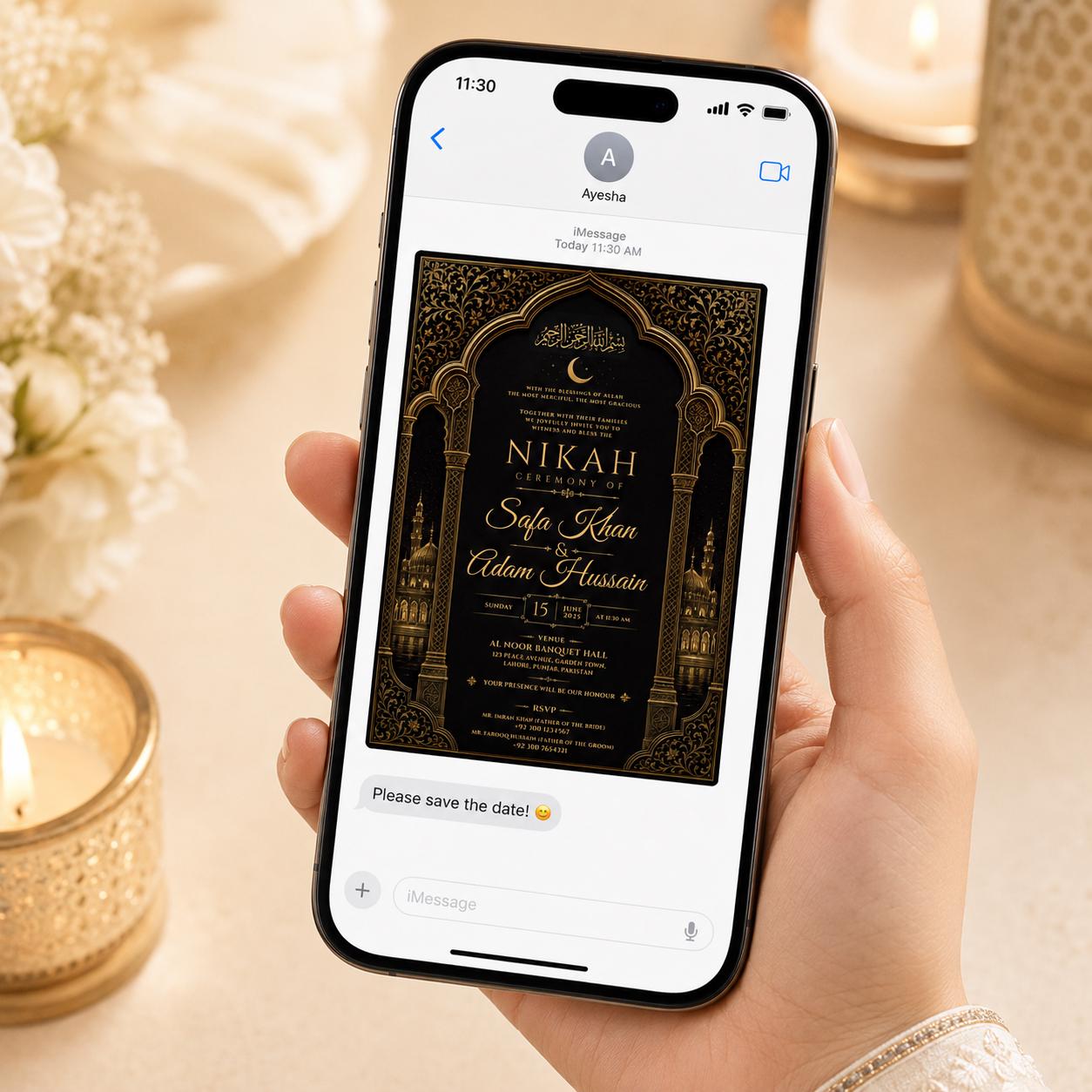 Nikah Invitation Template, Black Gold Islamic Wedding Card, Luxury Arabic Arch Editable Printable Canva Template - Image 6