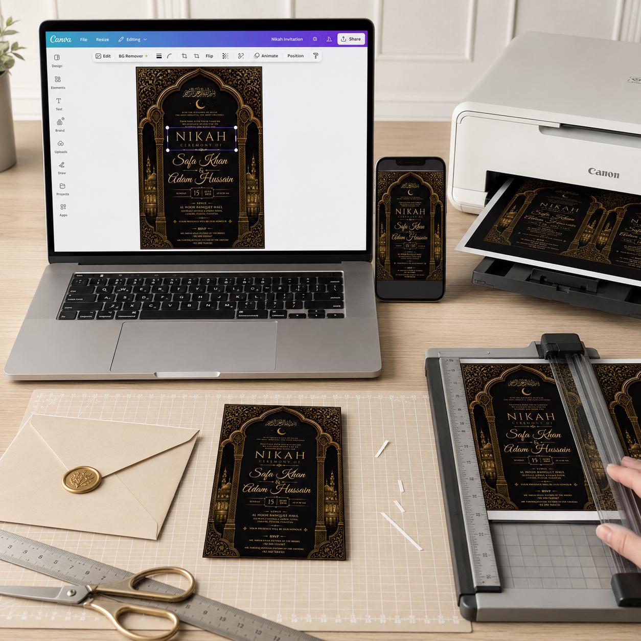 Nikah Invitation Template, Black Gold Islamic Wedding Card, Luxury Arabic Arch Editable Printable Canva Template - Image 4