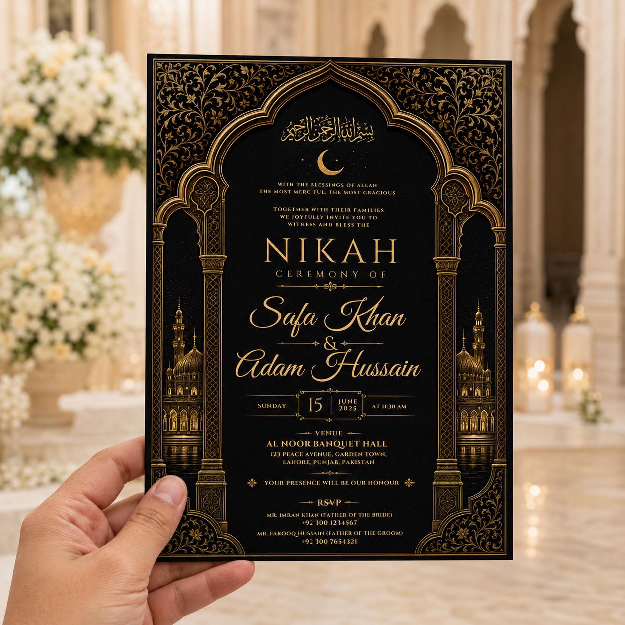 Nikah Invitation Template, Black Gold Islamic Wedding Card, Luxury Arabic Arch Editable Printable Canva Template - Image 5